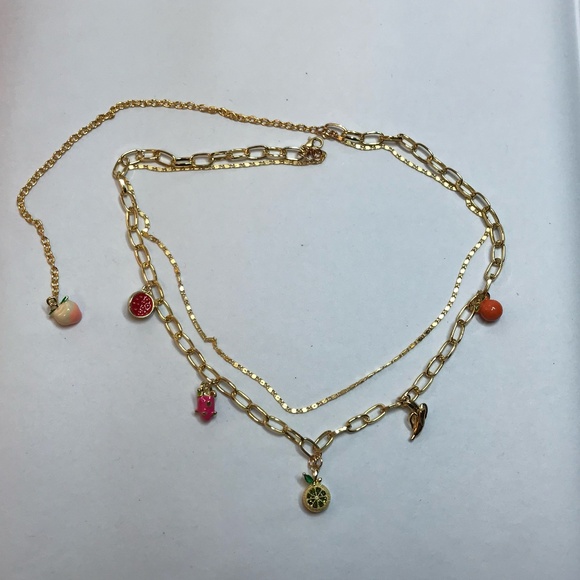 "Fruit Stand" Handmade 2-Layer Gold Charm Necklace with Tropical Fruit Charms - Picture 11 of 15